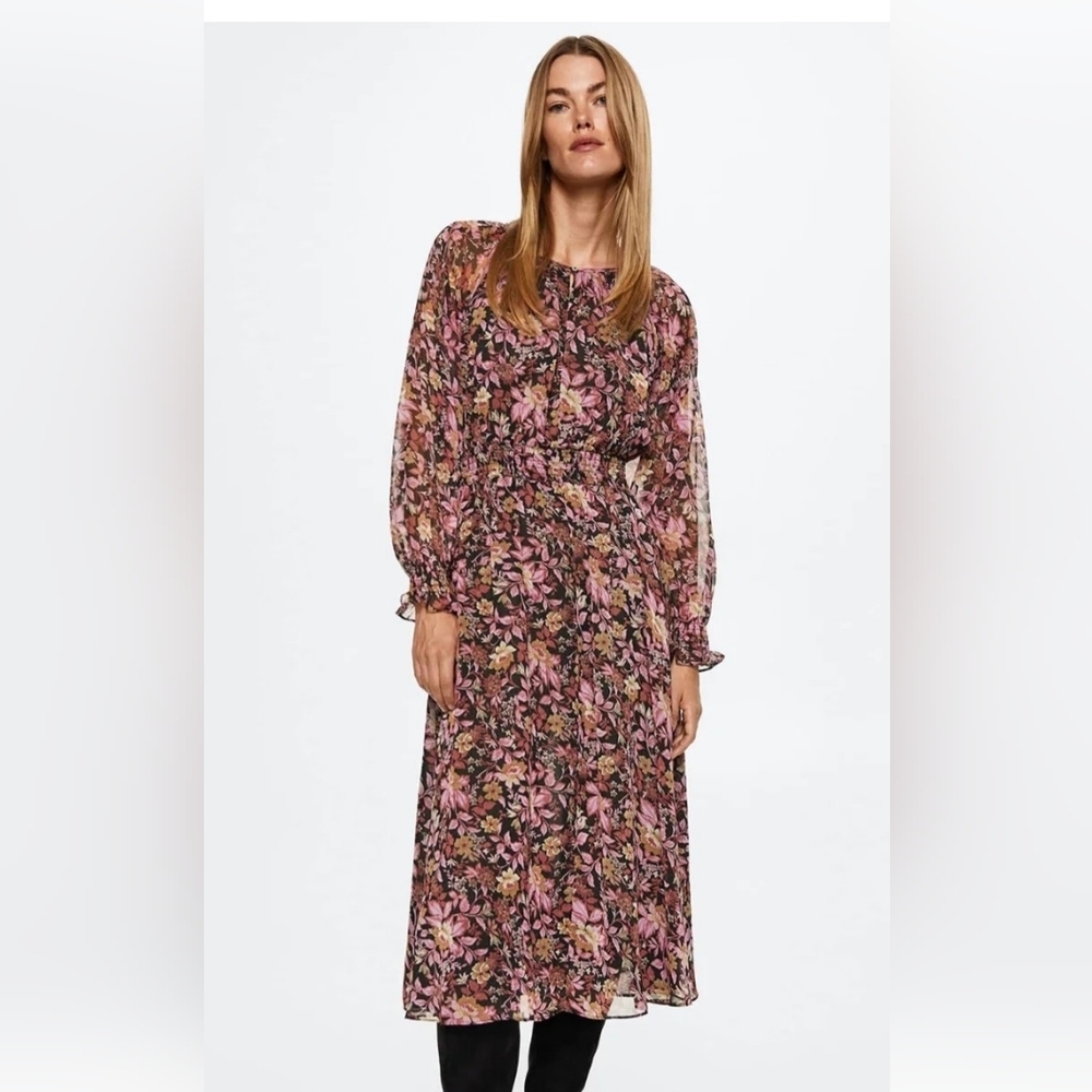 MNG Floral Long Sleeve A-Line Dress Pink Black Women Size 16 Summer Party